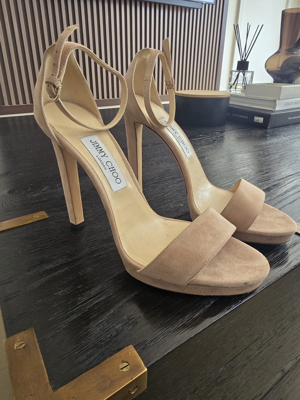 Jimmy Choo Nude Suede Ankle-Strap Stiletto Sandals